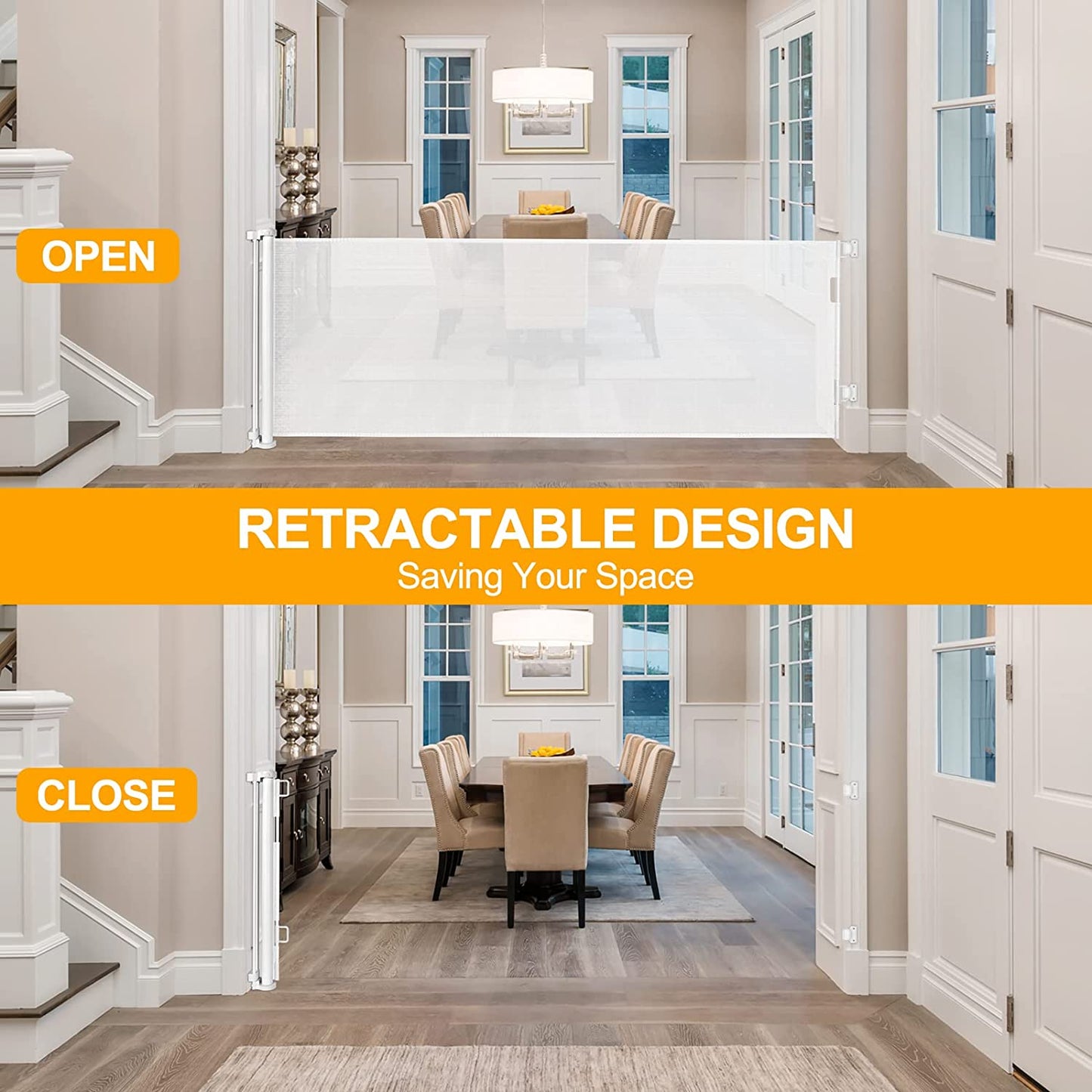 Retractable Baby Gates for Stairs 60” Wide Mesh Baby Gates for Doorways Retractable Dog Gate for Kid Child Gates for Stairs Outdoor Baby Gate Toddler Gate for Stair Safety Doorway Baby Gate Deck Gates