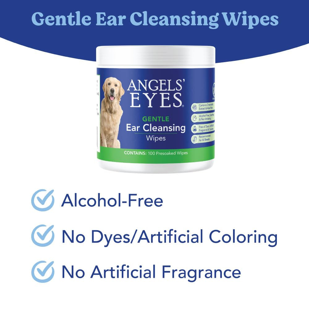 ANGELS' EYES Ear Cleansing Wipes for Dogs & Cats, Removes Dirt, Wax, Odor, Help Reduce Infections & Itching, No Artificial Colors or Fragrance, 100ct