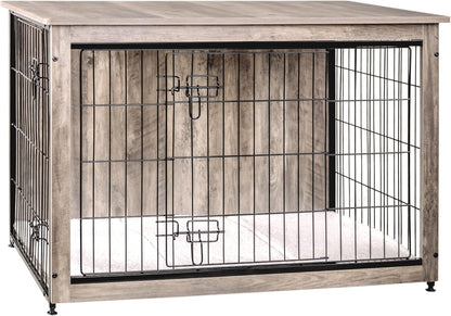 DWANTON Dog Crate Furniture with Cushion, Large Wooden Dog Crate with Double Doors, Dog Furniture, Indoor Dog Kennel, Dog House, Large, 38.5" L, Greige