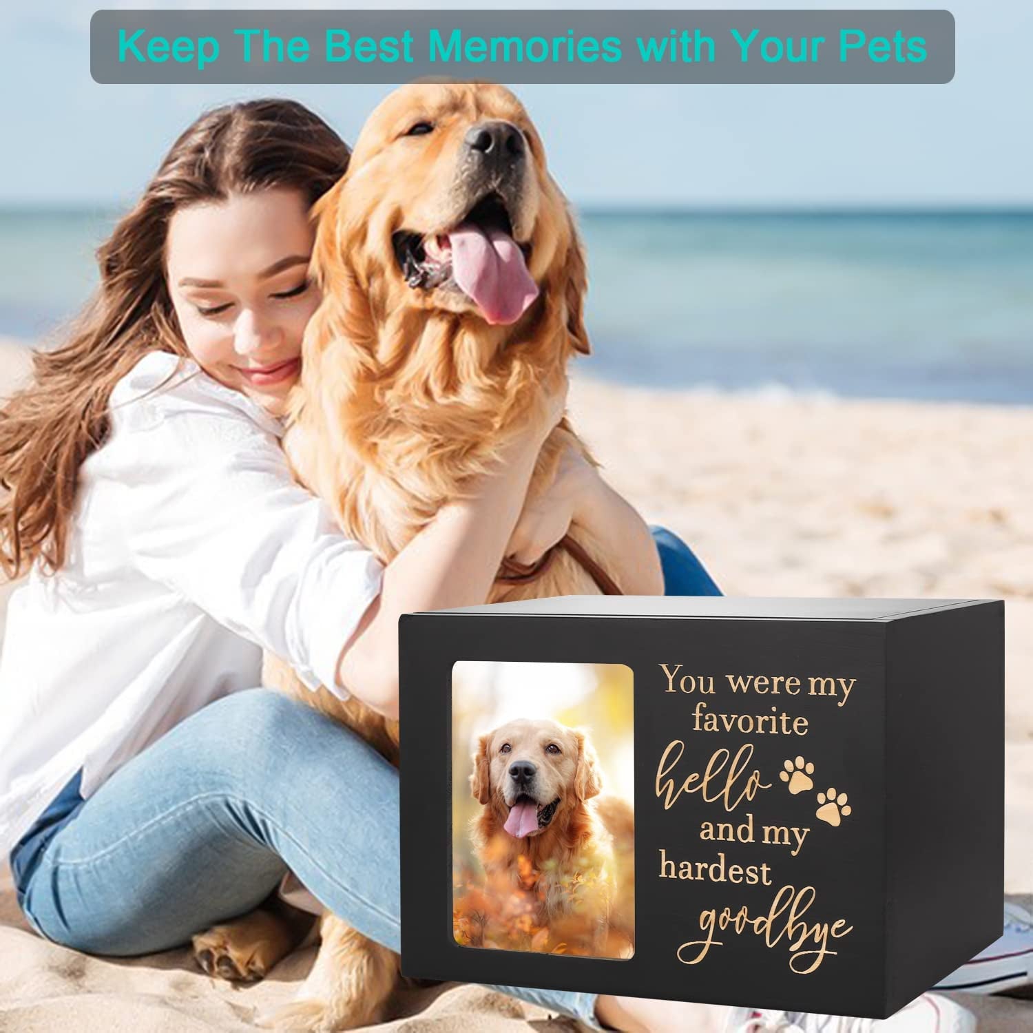 Pet Memorial Urns for Dog or Cat Ashes, Xlarge Wooden Funeral Cremation Urns with Photo Frame, Memorial Keepsake Memory Box with Black Flannel as Lining, Loss Pet Memorial Remembrance Gift