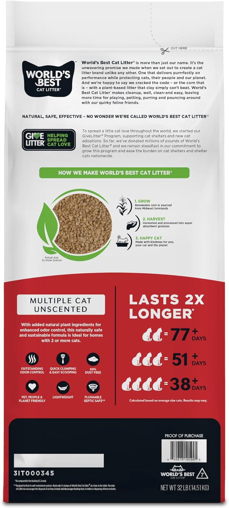 WORLD'S BEST CAT LITTER Multiple Cat Unscented, 8-Pounds - Natural Ingredients, Quick Clumping, Flushable, 99% Dust Free & Made in USA - Long-Lasting Odor Control & Easy Scooping