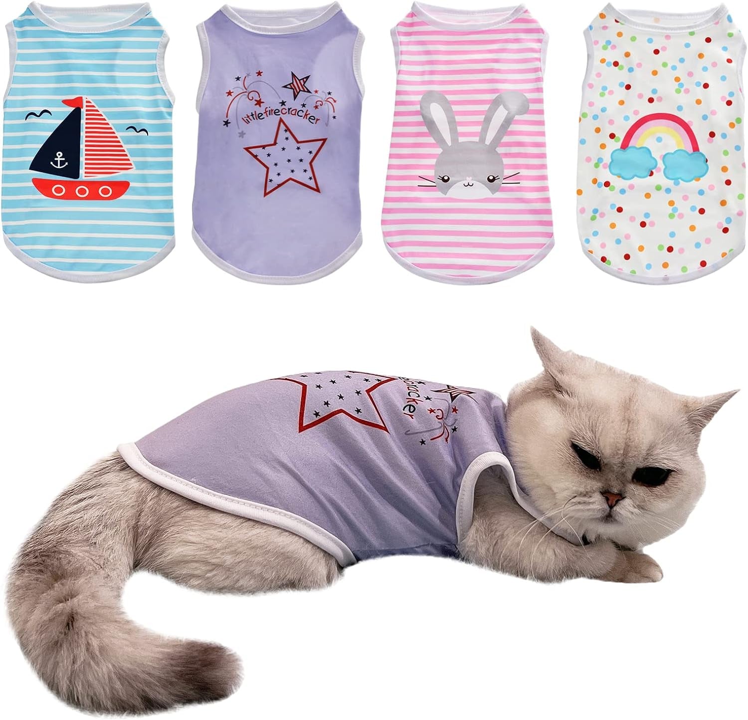 4Pcs Dog Cat Shirts Dog Polka Dot Vest Dog Stripe Sleeveless T-Shirt Pet Soft Vest Breathable Clothes for Small Medium Dog Puppy Kitten Cat XL