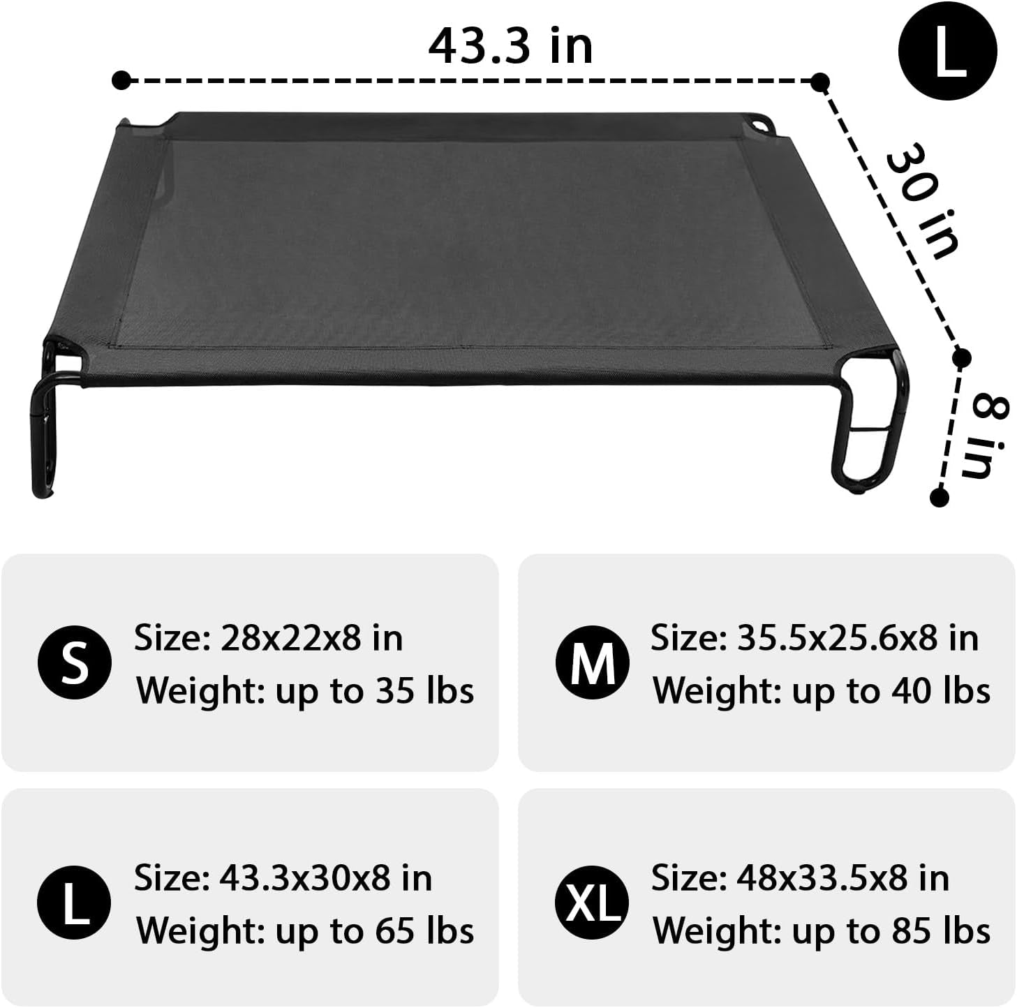 Elevated Outdoor Dog Bed - Raised Dog Bed for Large Dogs, Waterproof Dog Cot Bed Easy to Assemble, Cooling Elevated Dog Bed with Breathable Teslin Mesh, Durable, Non Slip, up to 65 Lbs,Black