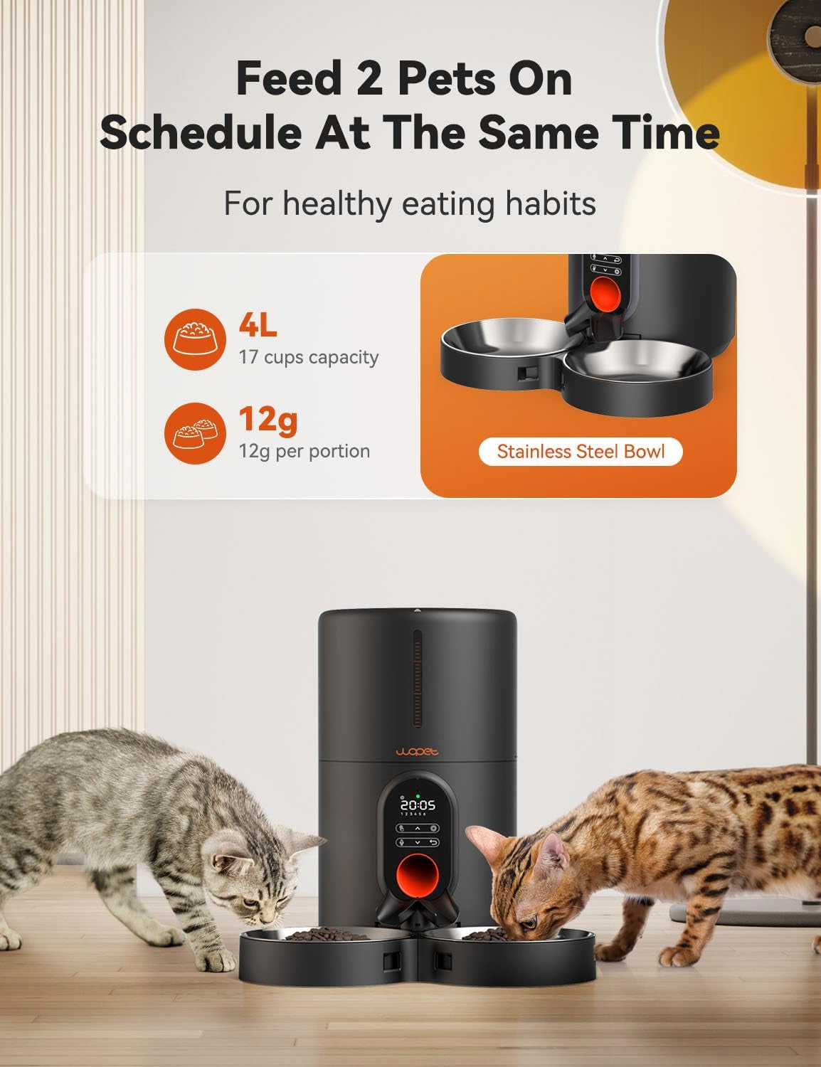 WOPET Automatic Cat Feeders 2 Cats-(𝟮𝟬𝟮𝟰 𝗨𝗽𝗴𝗿𝗮𝗱𝗲) Timed Cat Feeder with Stainless Steel Bowl, Programmable 1-6 Meals Control, Dual Power Supply, Automatic Pet Feeder for Dogs and Cats