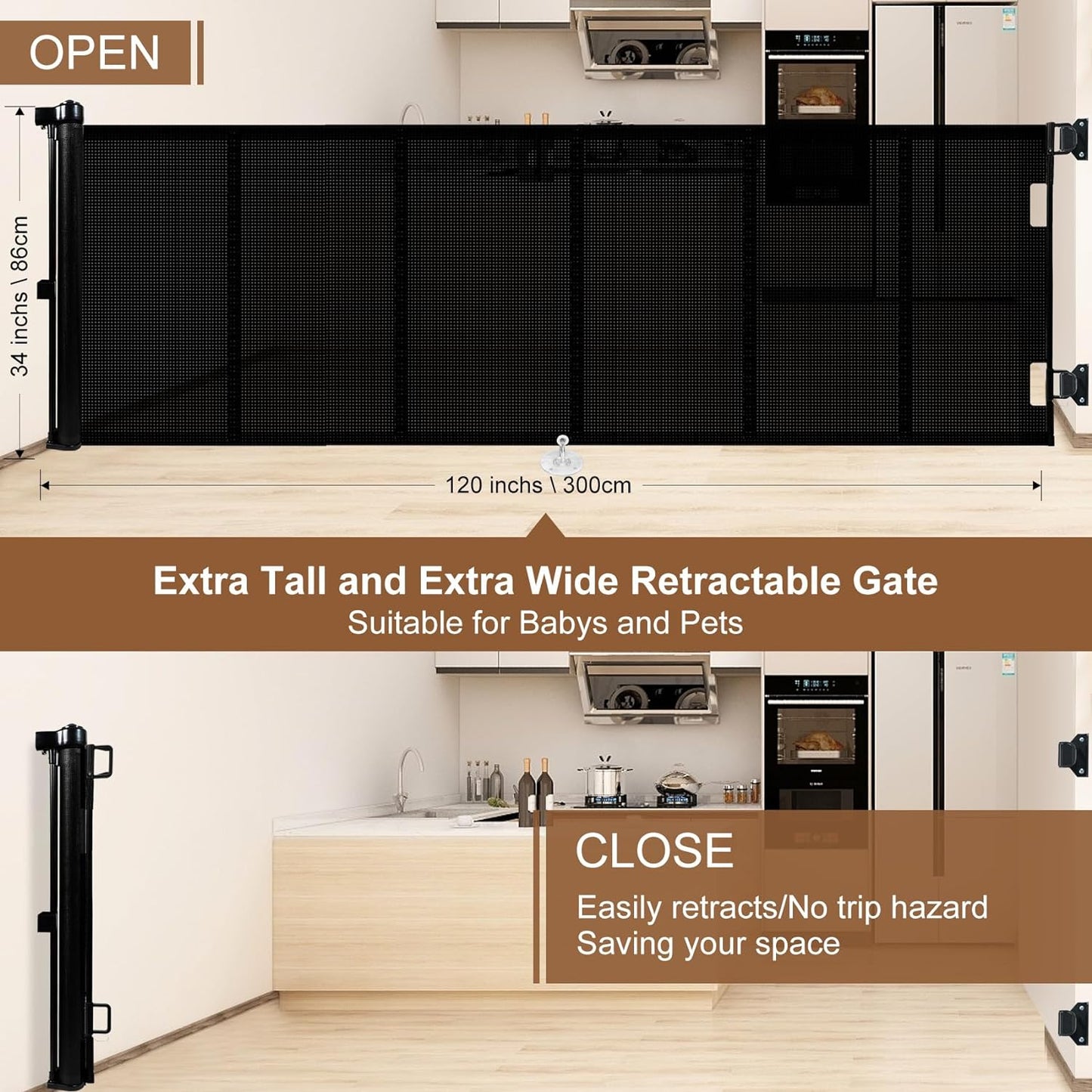 Upgrade 120 Inch Retractable Baby Gates Extra Wide with Reinforced Strip Design to Prevent Crawling Through, 10 Foot Retractable Dog Gate, 34" Tall, Retractable Gate for Indoor/Outdoor(Black)