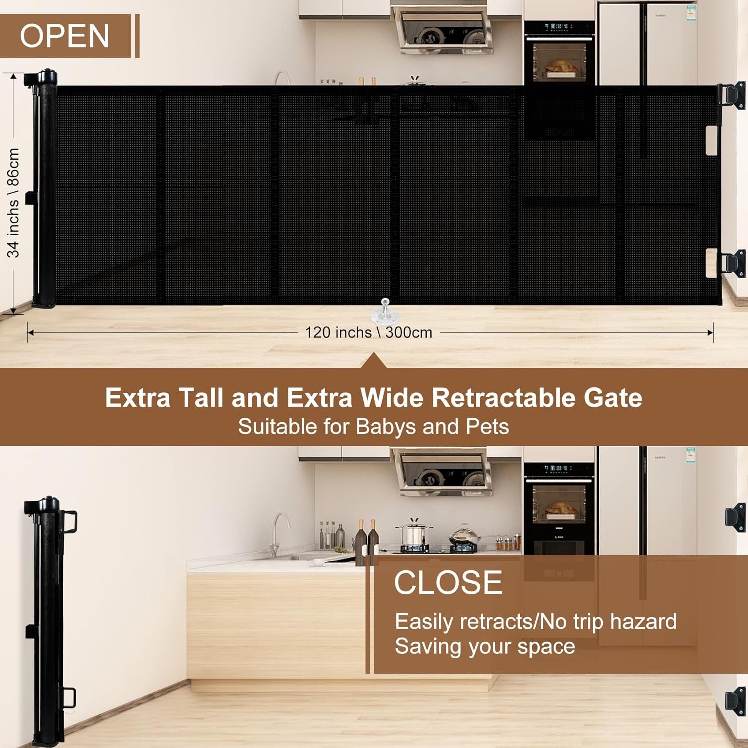 Upgrade 150 Inch Retractable Baby Gates Extra Wide with Reinforced Strip Design to Prevent Crawling Through, 150" Retractable Dog Gate, 34" Tall, Retractable Gate for Indoor/Outdoor(Black)