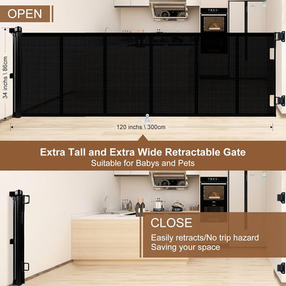Upgrade 150 Inch Retractable Baby Gates Extra Wide with Reinforced Strip Design to Prevent Crawling Through, 150" Retractable Dog Gate, 34" Tall, Retractable Gate for Indoor/Outdoor(Black)