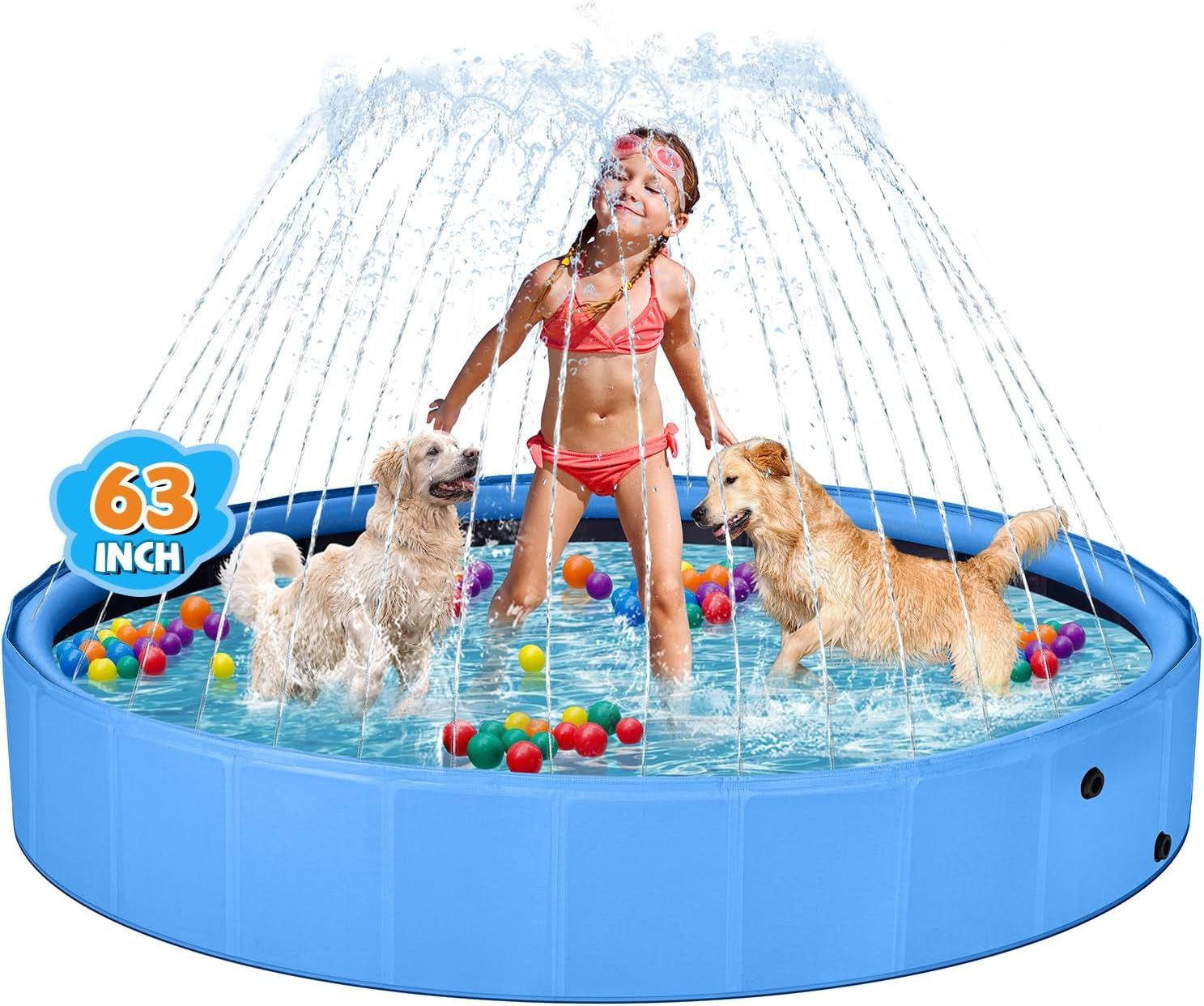 Jecoo Dog Pool with Sprinkler, Large 2-In-1 Foldable Dog Pool for Large Dogs Non-Slip Kiddie Pool Hard Plastic for Outdoor Backyard (63"X12")