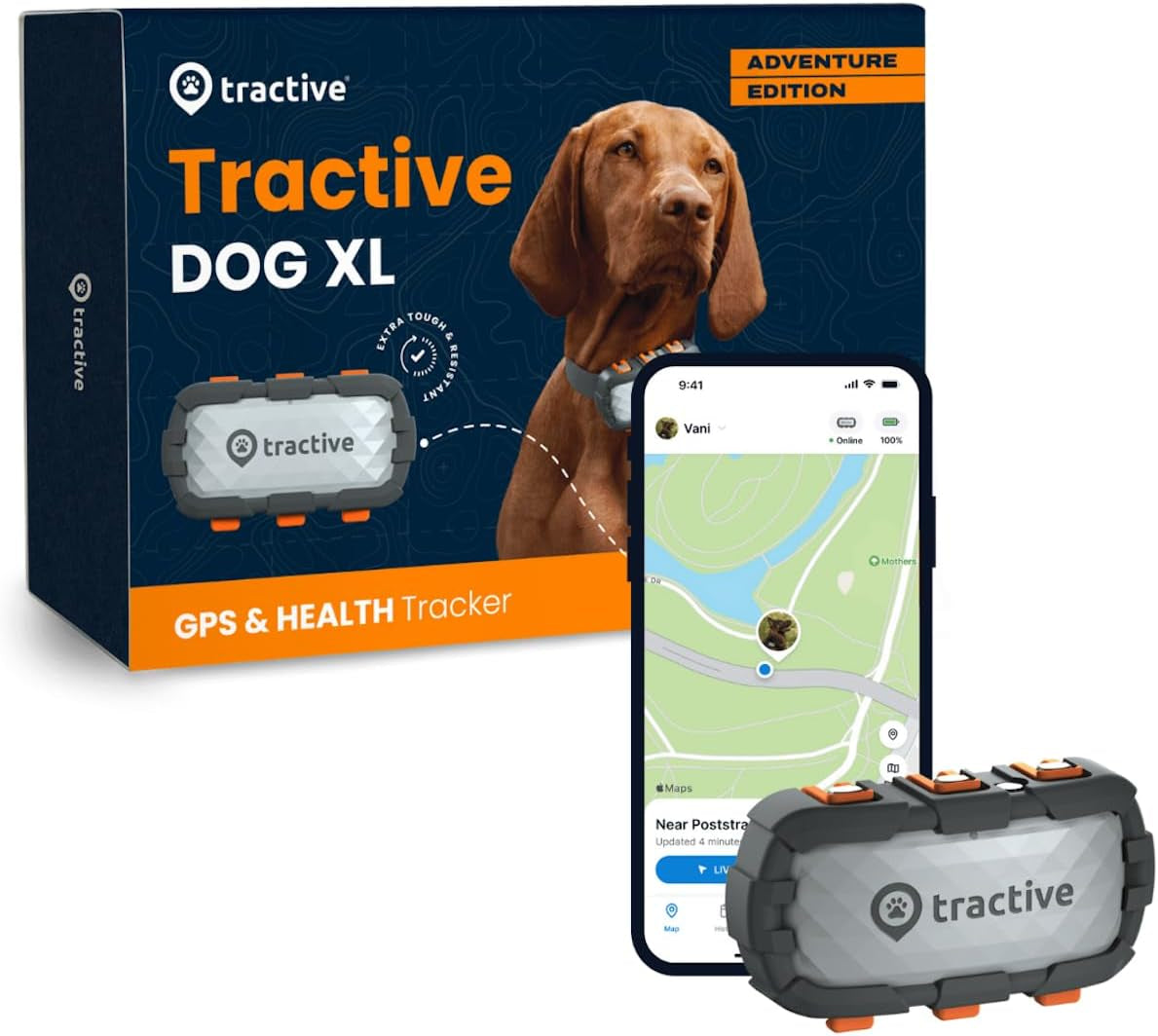 Tractive XL GPS Tracker & Health Monitoring for Dogs (50 Lbs+) - Market Leading Pet GPS Location Tracker | Wellness & Escape Alerts | Waterproof | Works with Any Collar (Adventure Edition)