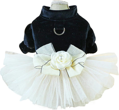 Dog Dresses for Small Dogs Girl, Black Small Dog Dresses Female with Leash Ring,Velvet Girl Puppy Dress Multi-Layer Tutu Dress,Chihuahua Yorkie Clothes,Cat Apparel(Black,Large)