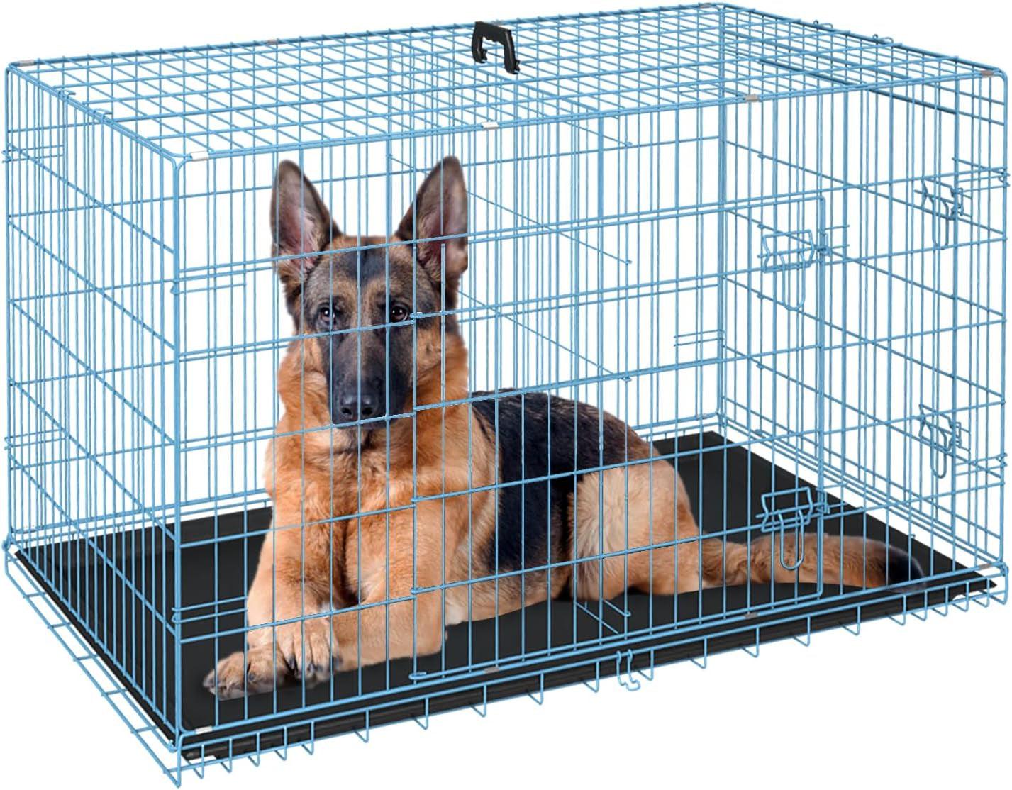 FDW Dog Crate Dog Cage Pet Crate for Large Dogs Folding Metal Pet Cage Double Door W/Divider Panel Indoor Outdoor Dog Kennel Leak-Proof Plastic Tray Wire Animal Cage (Blue, 48 Inch)