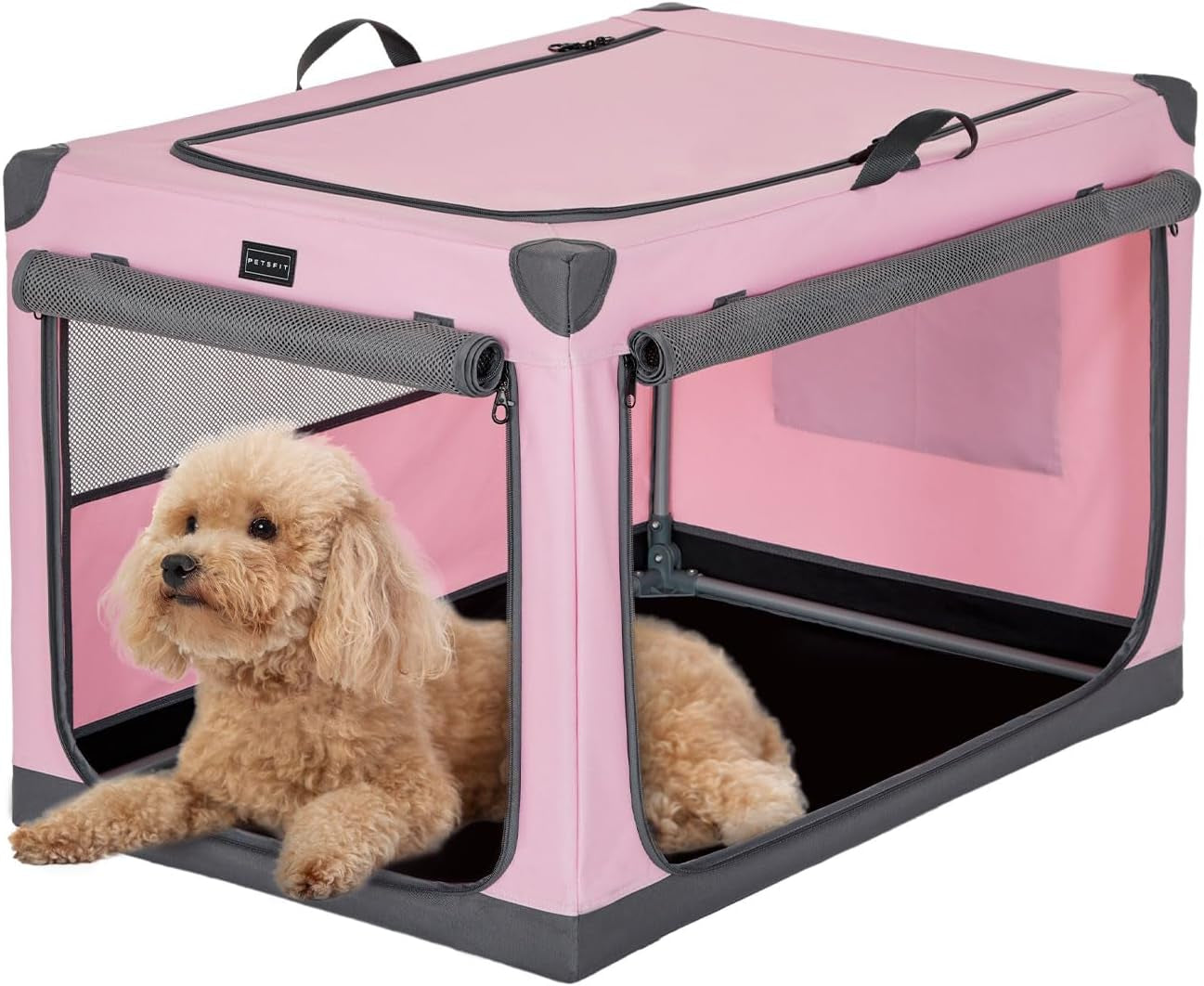 Petsfit Soft Sided Dog Crate 26Inch Pink, Adjustable Fabric Cover by Spiral Iron Pipe, Chew Proof Strengthen Sewing Collapsible Dog Crate 3 Door Design