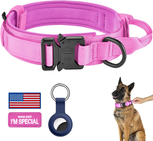 DAGANXI Tactical Dog Collar, Adjustable Military Training Nylon Dog Collar with Control Handle and Heavy Metal Buckle for Medium and Large Dogs, with Patches and Airtags Case (L, Pink)