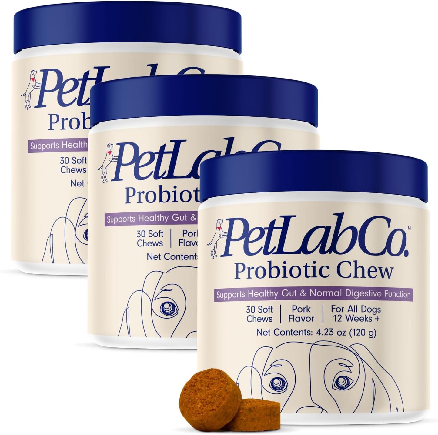 Petlab Co. Probiotics for Dogs, Support Gut Health, Diarrhea, Digestive Health & Seasonal Allergies - Pork Flavor - 30 Soft Chews - Packaging May Vary (Value 3-Pack)