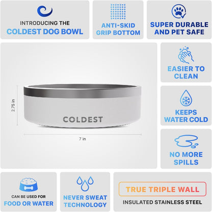 Coldest Dog Bowl - anti Rust Metal & Non Slip Dog Bowls Large, Spill Proof Heavy Duty 3 Layers Insulated Dog Bowl - Food and Water Bowl for Dogs, Cats & Pets, Dishwasher Safe (42 Oz, Epic White)