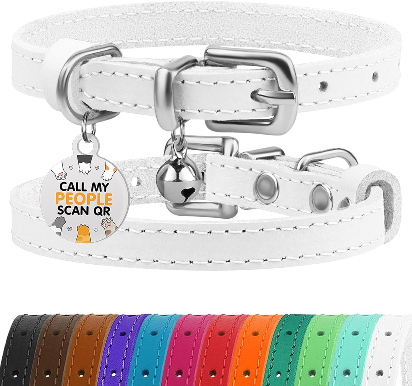 BRONZEDOG Leather Cat Collar with Bell Non Breakaway Kitten QR Tag for Girl Boy (9" - 12" Cats/Mini Dogs, White & Silver)