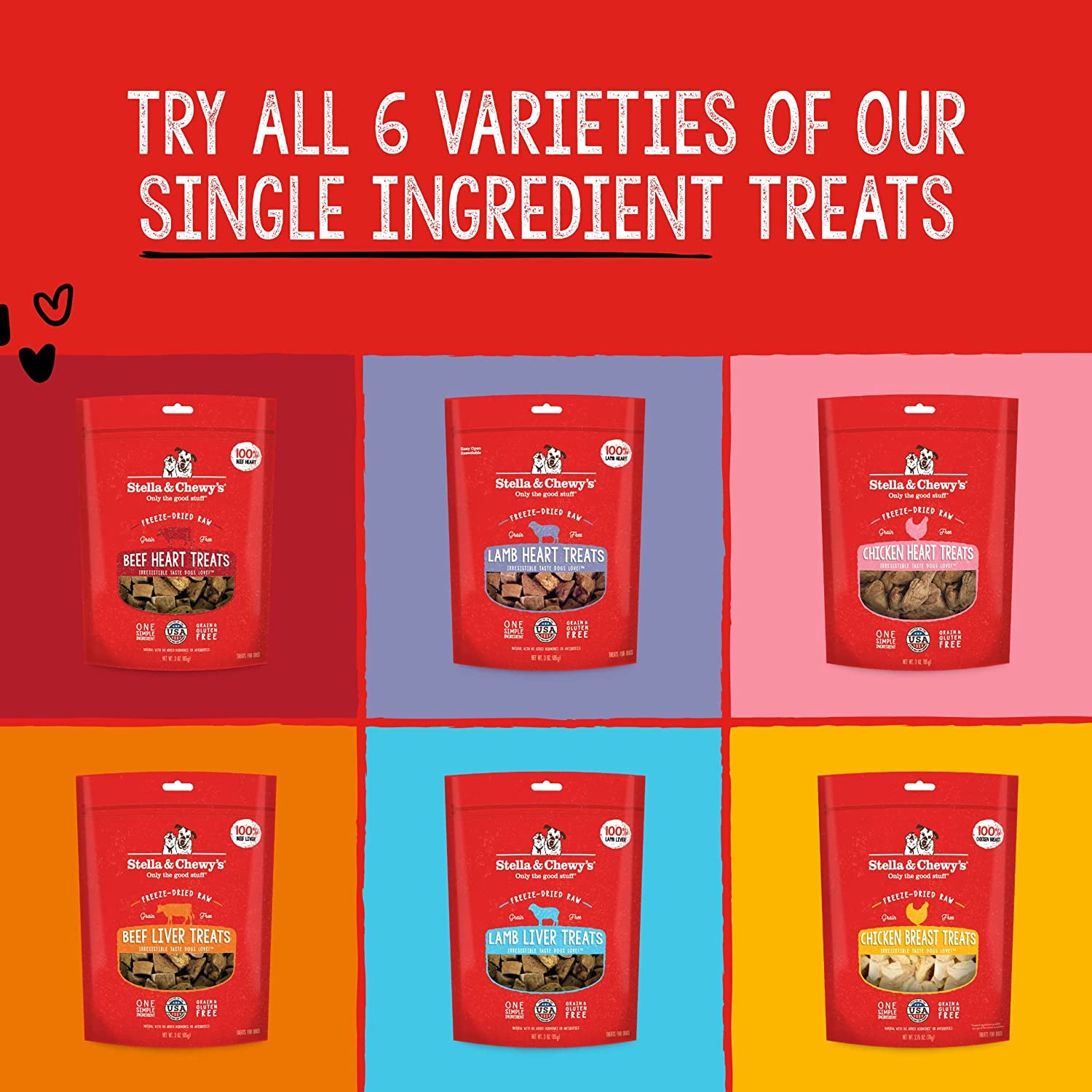 Stella & Chewy'S Freeze-Dried Single Ingredient Heart Treats Bundle (Beef Heart, Chicken Heart, Lamb Heart), 3 Oz Bags