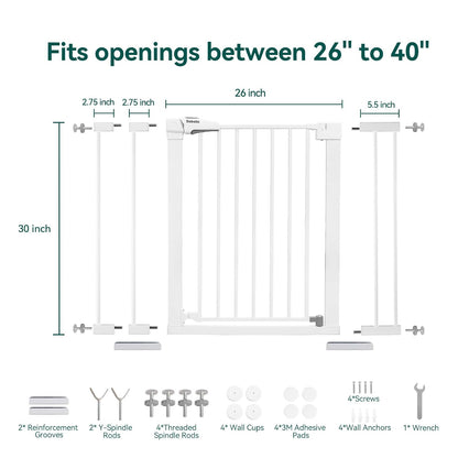 BABELIO 36 Inch Tall Metal Baby Gate, 29-48" Auto Close Pressure Mounted Dog Gate for Stairs、Doorways & Hallway, Protector Basics Easy Walk Thru Pet Gate, Child Gate with 2*Y Spindle Rods,White