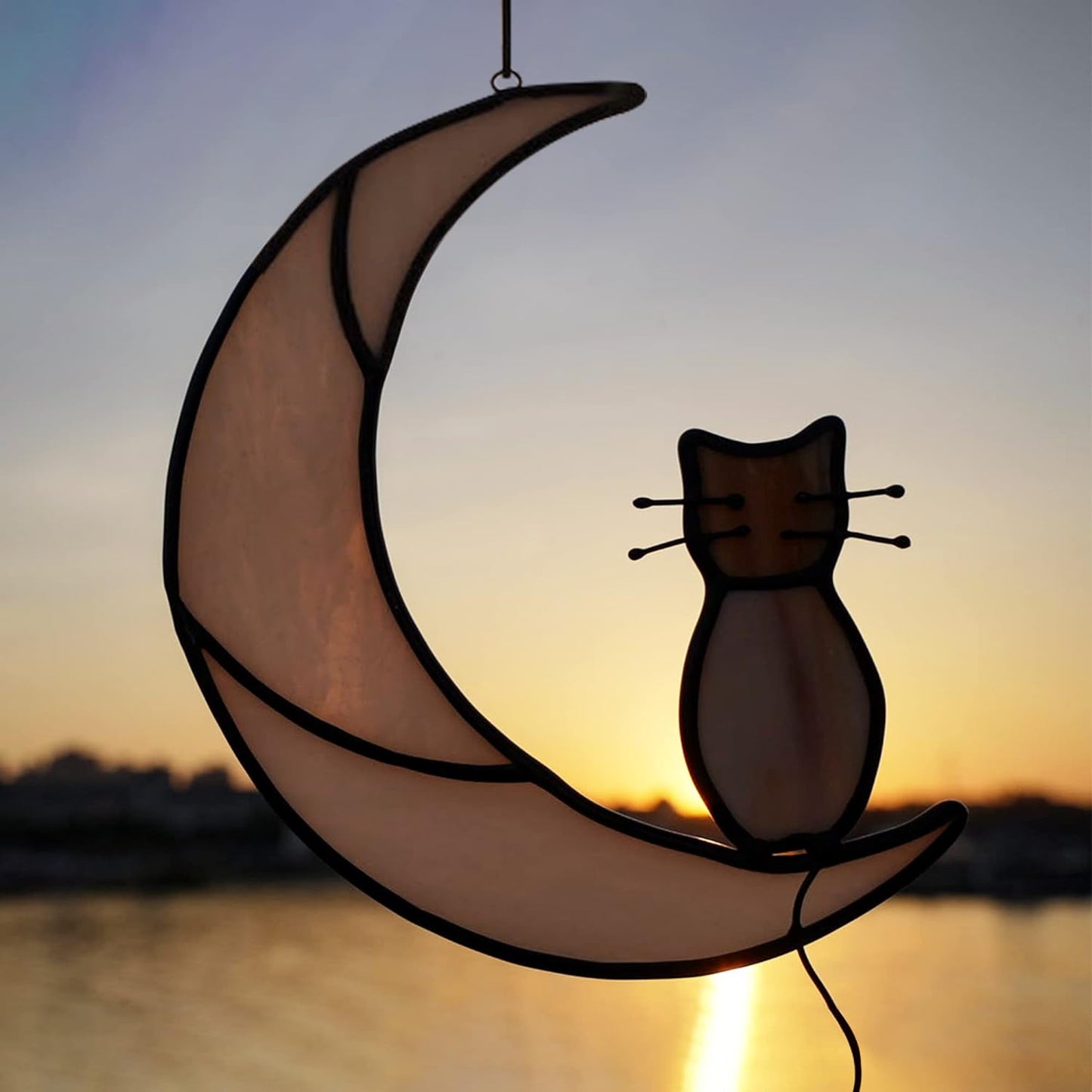 Orange Tabby Cat on Moon Stained Glass Window Hangings,Tabby Cat Decoration Suncatcher Hanging Ornament Gift for Mom,Cat Memorial Gifts for Cat Lovers, Pet Loss Sympathy Gift (Yellow)