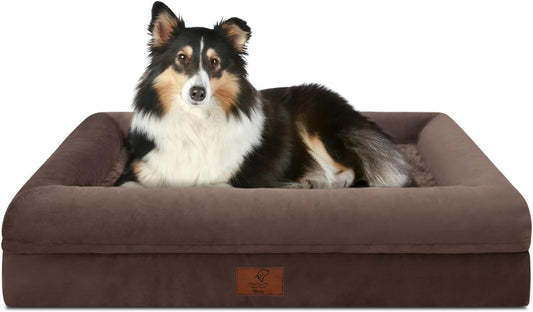 Large Dog Bed, Brown Orthopedic Dog Bed, Waterproof Dog Bed with Removable Cover, 4-Sides Removable Bolster Dog Soft Sofa Bed with Nonskid Bottom, Washable Dog Beds for Large Dogs