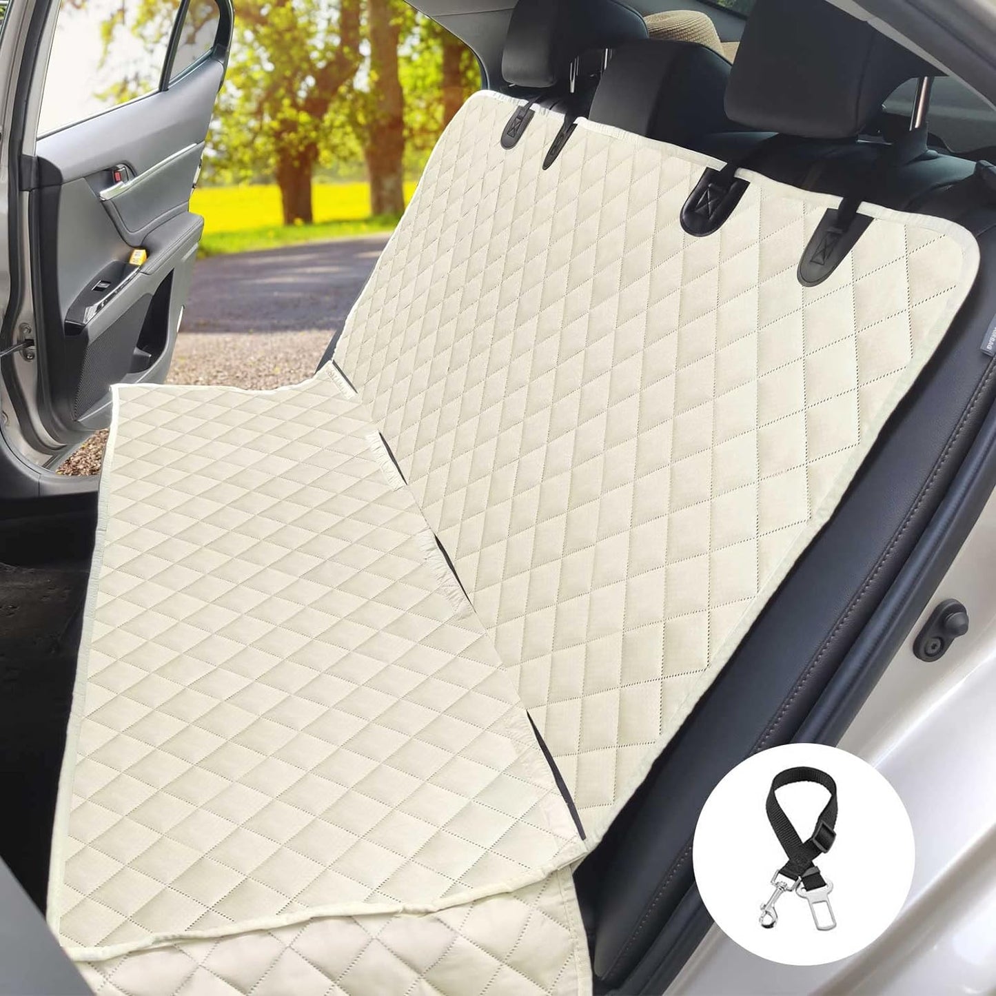 PETICON Dog Car Seat Covers for Back Seat, Waterproof Scratchproof Pet Bench Covers for Cars, Trucks, Suvs, Nonslip Durable for Dogs, Washable Backseat Protection, Beige