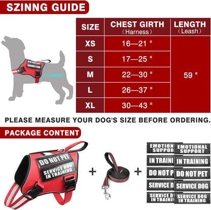 Service Dog Vest Harness and Leash Set+10 Patches,No Pull&Adjustable Reflective Dog Harness with Soft Padded Handle for Training/Everyday,Fit Small/Medium/Large/Extra-Large Dogs(Red M)