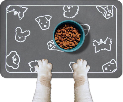 YCT Dog Food Feeding Mat, Non-Slip Dog Mat for Food, Resting and Sleeping Mat, with Multiple Dog Heads Logo，24 X 16.9 Inches, Dark Grey