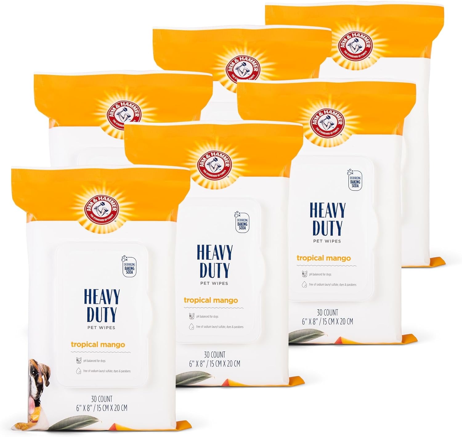 Arm & Hammer for Pets Heavy Duty Multipurpose Bath Wipes for Dogs, Travel Size, Mango Scent | All Purpose Dog Wipes Remove Odor & Refresh Skin for Pets | Travel Pet Wipes, 30 Count - 6 Pack