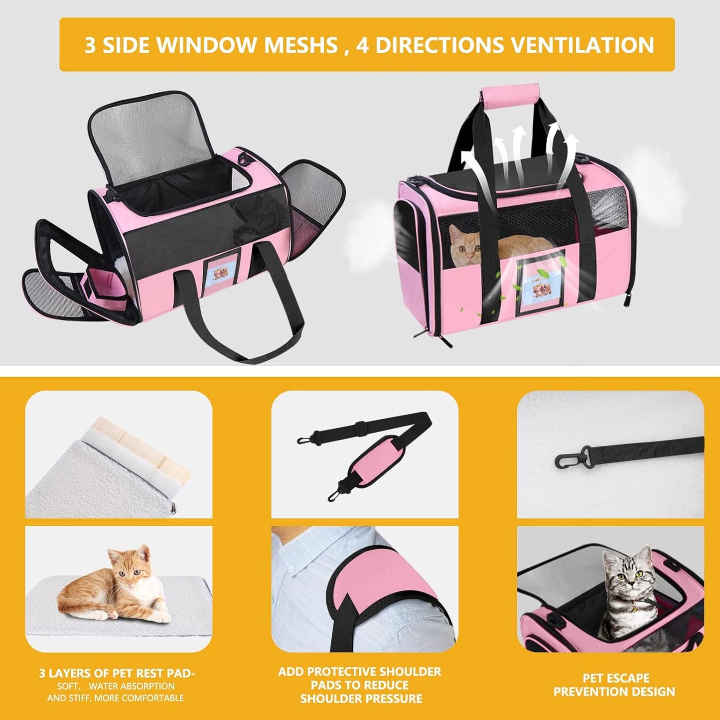 Cat Carrier, Dog Carrier, Pet Carrier Airline Approved for Cat, Small Dogs, Kitten, Cat Carriers for Small Medium Cats under 15Lb, Collapsible Soft Sided TSA Approved Cat Travel Carrier-Purple