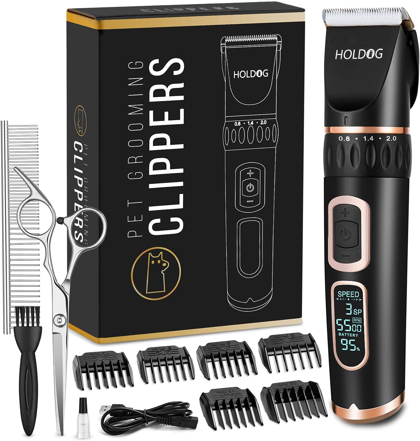 Dog Clippers Professional Heavy Duty Dog Grooming Clipper 3-Speed Low Noise High Power Rechargeable Cordless Pet Grooming Tools for Small & Large Dogs Cats Pets with Thick & Heavy Coats