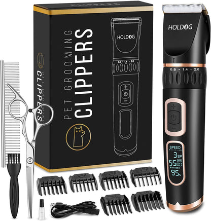 Dog Clippers Professional Heavy Duty Dog Grooming Clipper 3-Speed Low Noise High Power Rechargeable Cordless Pet Grooming Tools for Small & Large Dogs Cats Pets with Thick & Heavy Coats