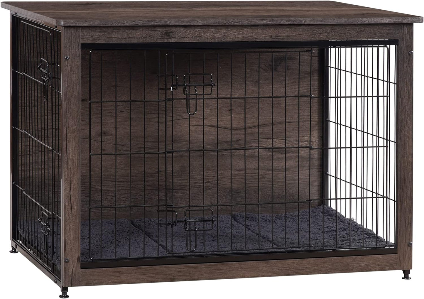 DWANTON Dog Crate Furniture with Cushion, Large Wooden Dog Crate with Double Doors, Dog Furniture, Indoor Dog Kennel, End Table, Large, 38.5" L, Dark Grey