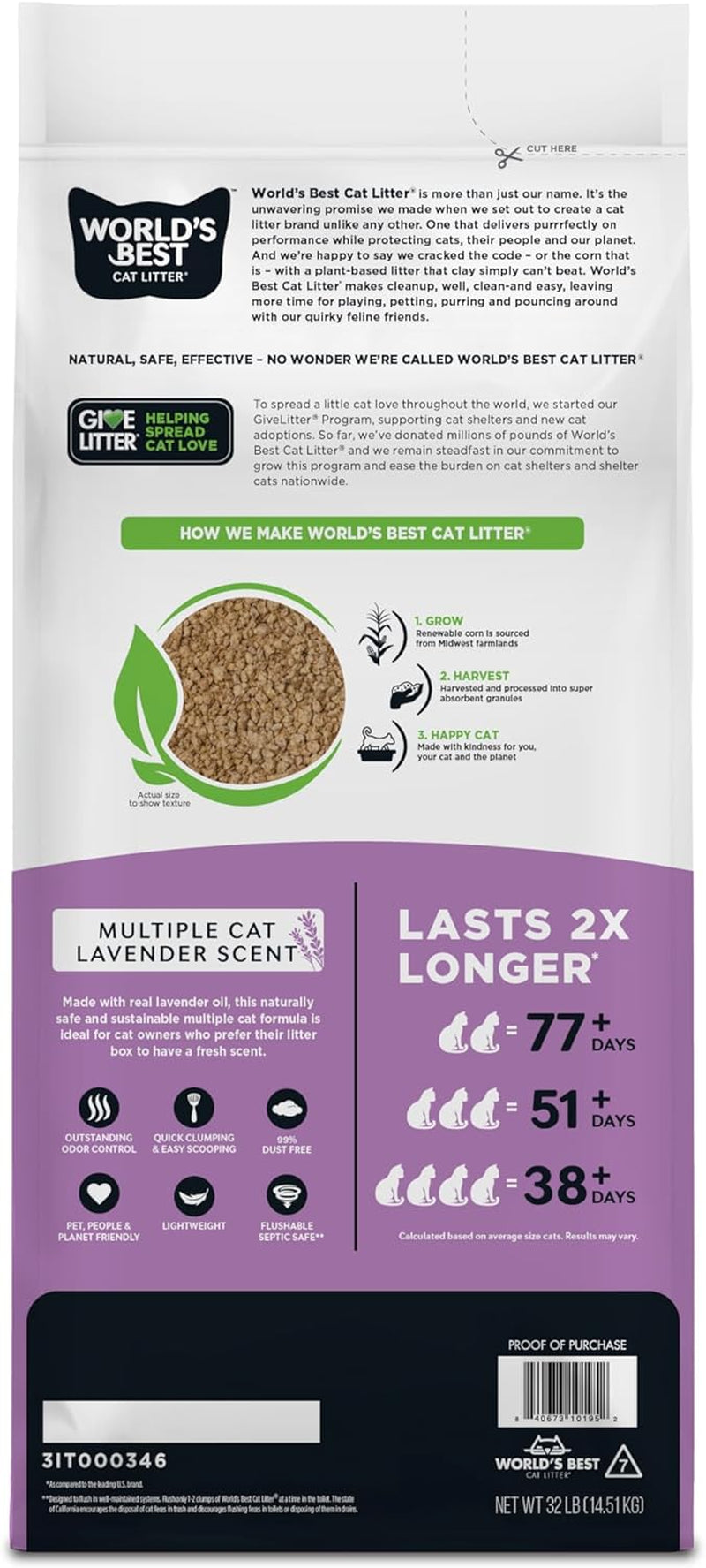 WORLD'S BEST CAT LITTER Multiple Cat Lavender Scented 15-Pounds - Natural Ingredients, Quick Clumping, Flushable, 99% Dust Free & Made in USA - Calming Fragrance & Long-Lasting Odor Control