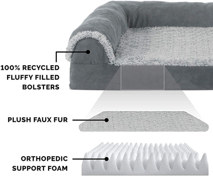 Furhaven Memory Foam Dog Bed for Large Dogs W/ Removable Bolsters & Washable Cover, for Dogs up to 95 Lbs - Two-Tone Plush Faux Fur & Suede L Shaped Chaise - Stone Gray, Jumbo/Xl