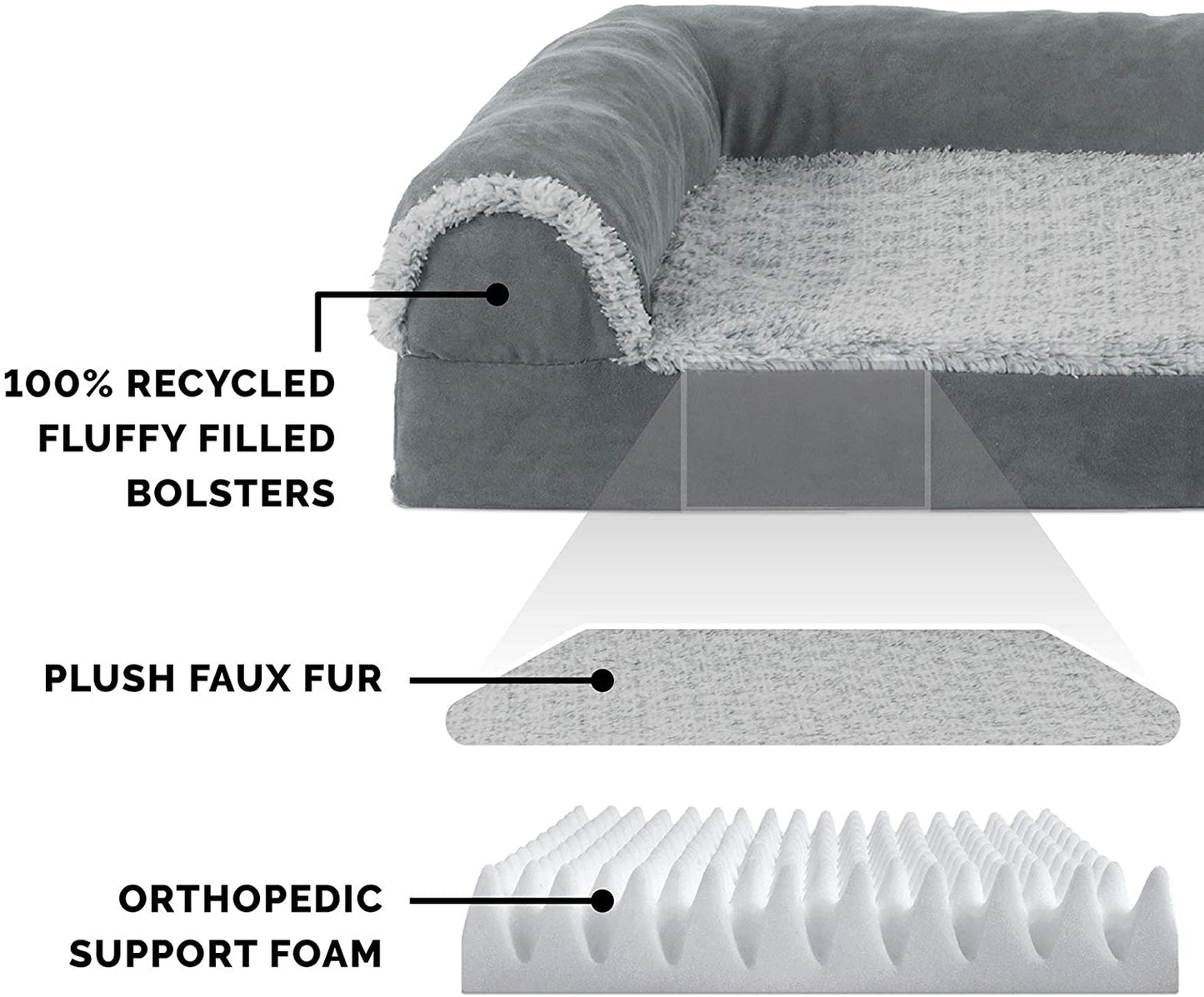 Furhaven Orthopedic Dog Bed for Large Dogs W/ Removable Bolsters & Washable Cover, for Dogs up to 95 Lbs - Two-Tone Plush Faux Fur & Suede L Shaped Chaise - Marine Blue, Jumbo/Xl