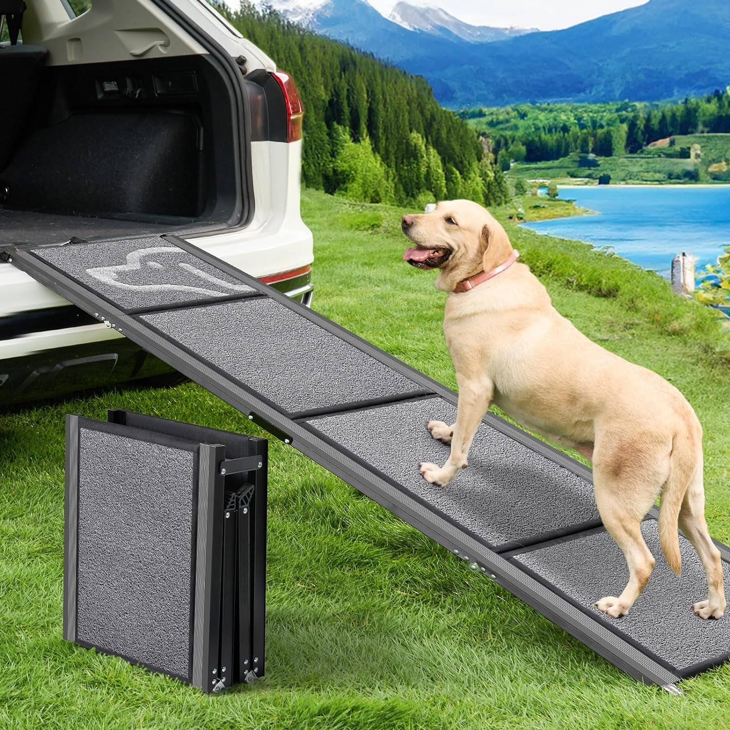 Dog Ramp for Car -Petthem Folding Pet Steps for Medium & Large Dogs, 63" Long & 17" Extra Wide Dog Car Ramp up to 250LBS Enter a Car SUV & Truck, Portable Pet Stair Ramp with Non-Slip Rug Surface