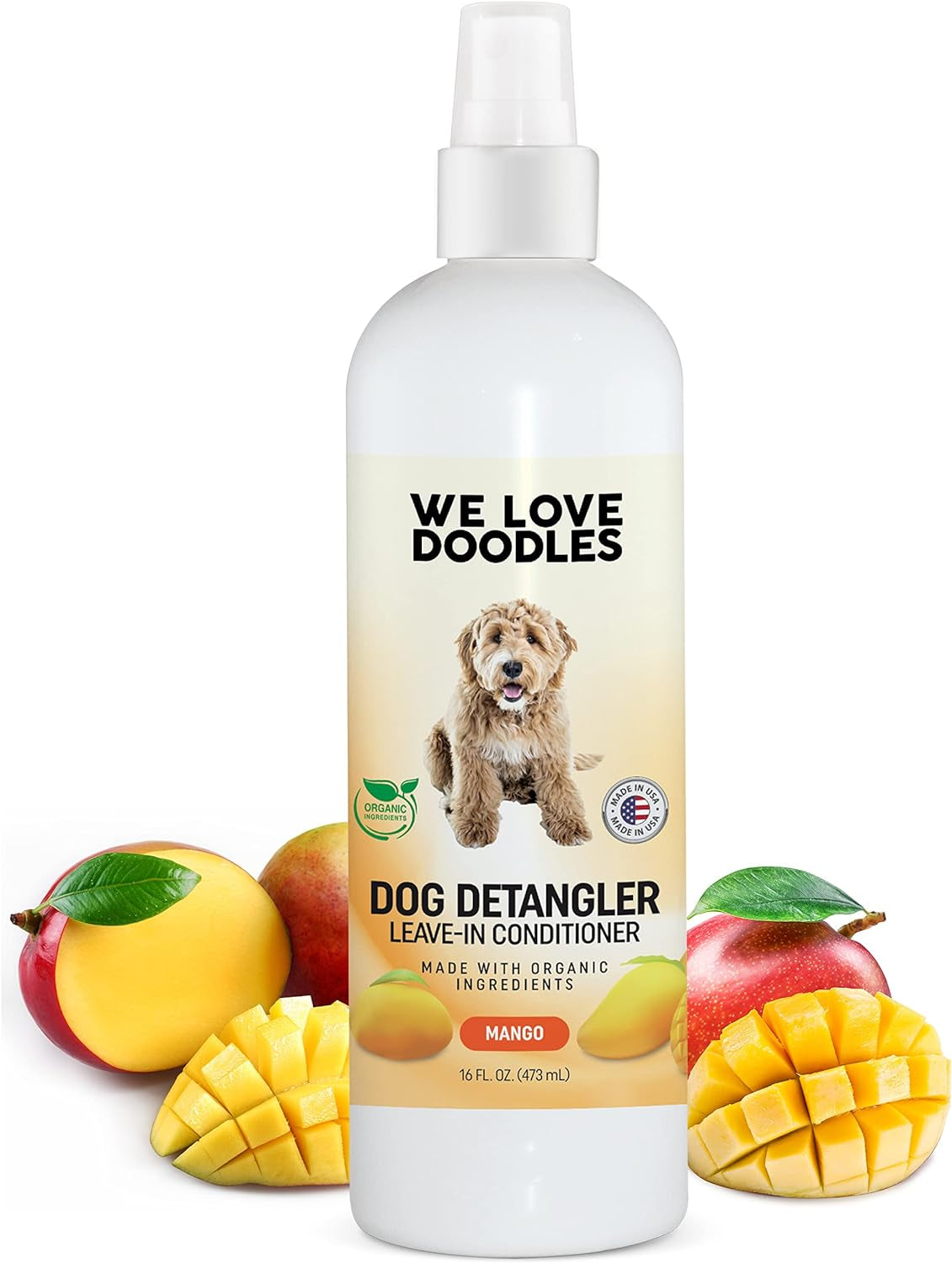 We Love Doodles Dog Detangler Spray - Leave-In Conditioner for Dogs - Dog Detangling Spray - Dematting Spray for Dogs - Tangle Remover - Made in the USA - Large 16 Fl Oz (Mango)