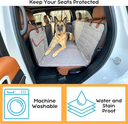 Backseat Extender for Dogs, 100% Waterproof Hard Bottom Dog Car Seat Cover, Seat Extender with Mesh Window and Storage Pockets, Truck SUV Car, Travel Bed