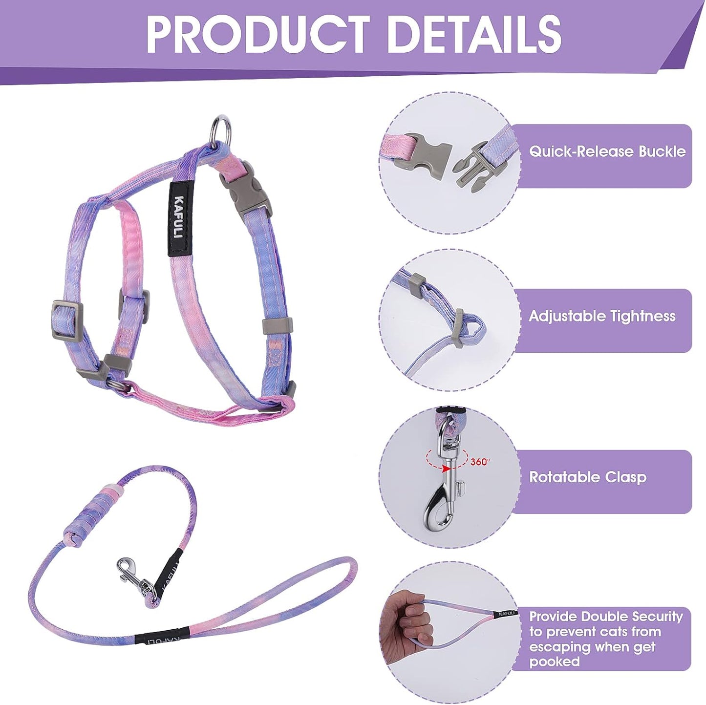 Cat Harness and Leash Set, Adjustable Gradient Kitten Harness Escape Proof Harness with Leash for Kitty Outdoor Walking (Gradient Purple)