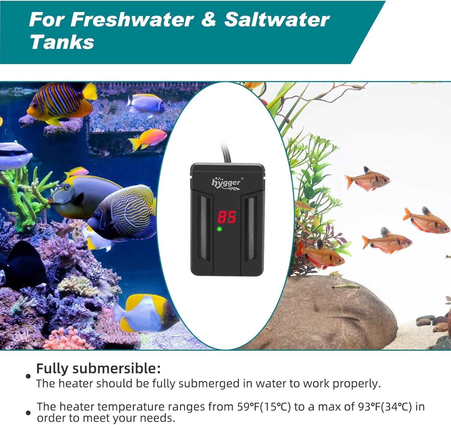 hygger Aquarium Heater,75W/150W/300W Submersible Fish Tank Water Heater Double Quartz Explosion-Proof with for Freshwater Saltwater Tank