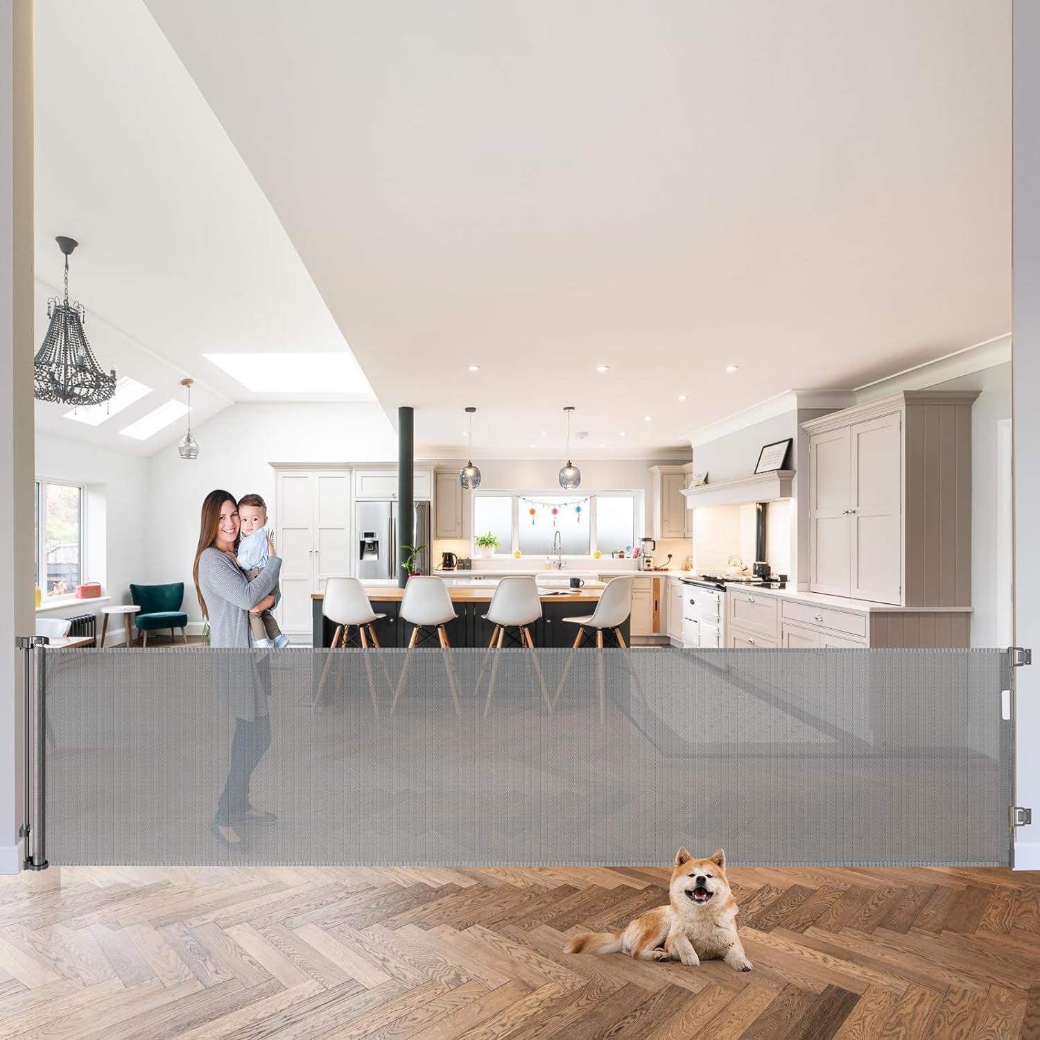 120 Inch Extra Wide Baby Gate Extra Long Dog Gate for the House Retractable Baby Gates for Doorways Super Large Pet Gate for Dogs Indoor Mesh Child Gates for Wide Openings Safety Toddler Gates (Grey)