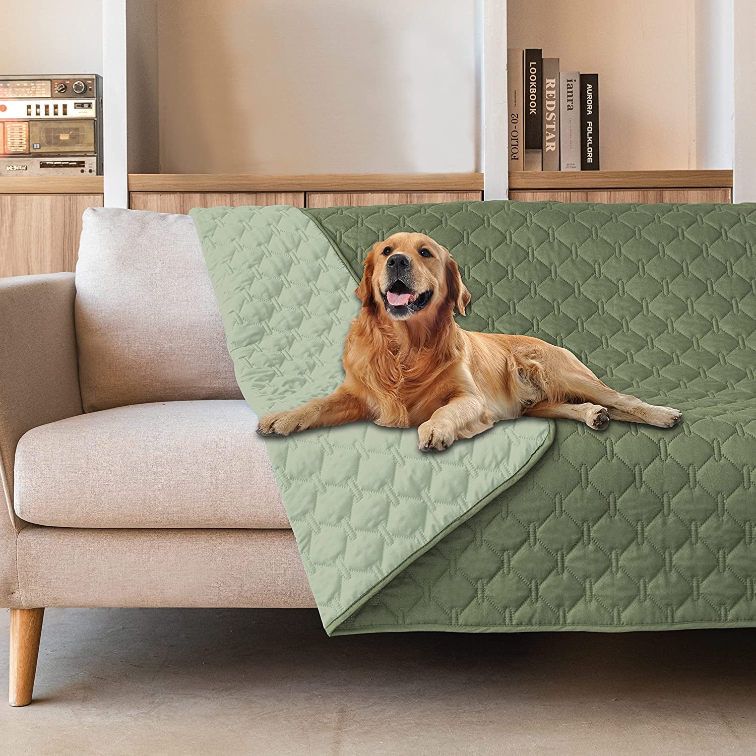 Gogobunny 100% Double-Faced Waterproof Dog Bed Cover Pet Blanket Sofa Couch Furniture Protector for Kids Children Dog Cat, Reversible(82X120 Inch (Pack of 1), Dark Green/Light Green)