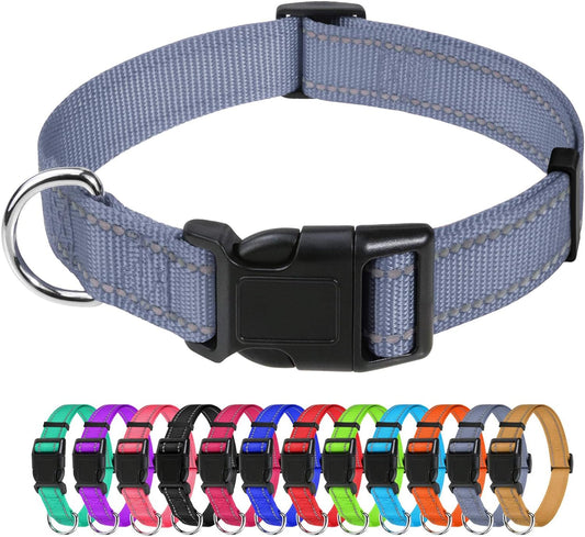 Tagme Reflective Nylon Dog Collars, Adjustable Classic Dog Collar with Quick Release Buckle for Large Dogs, Grey, 1.0" Width