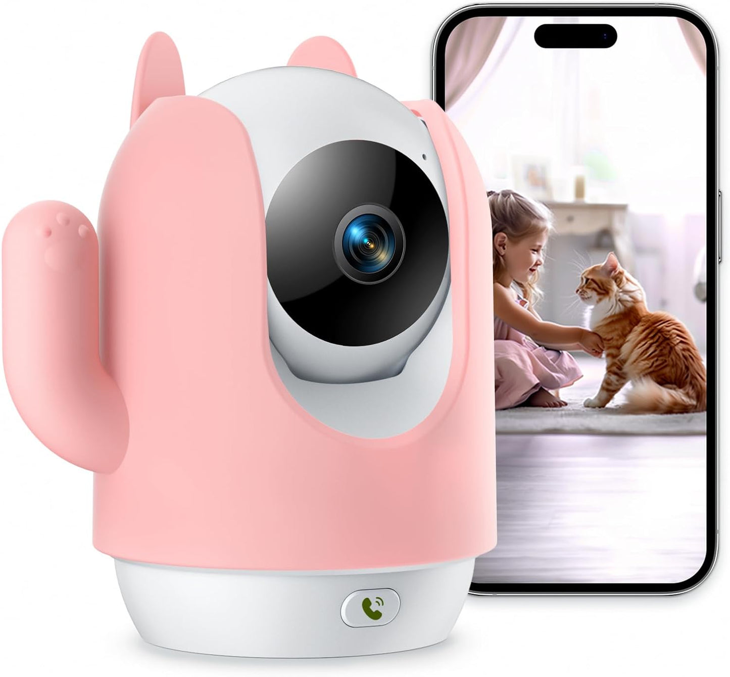 Pet Camera, 2K Indoor Security Camera, 360° Dog Camera with Phone App, Baby Monitor W/One-Touch Call, AI Motion Detection & Tracking, IR Night Vision, Cloud/Sd Card Storage, 2.4Ghz Wi-Fi, Pink