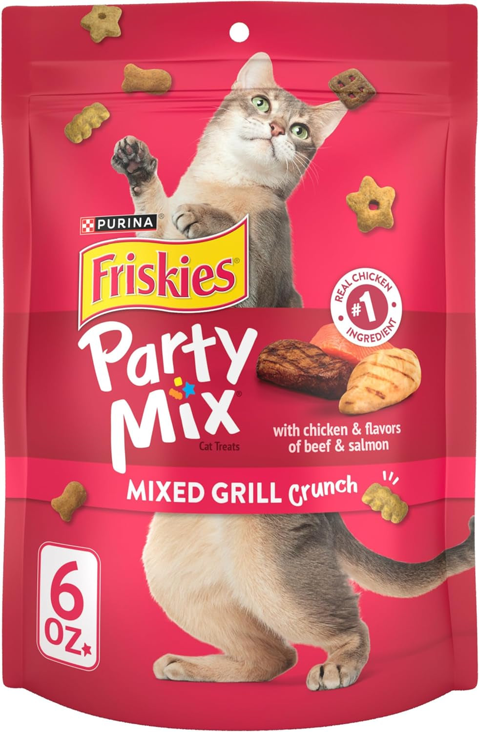 Purina Friskies Cat Treats, Party Mix Mixed Grill Crunch - (Pack of 6) 6 Oz. Pouches