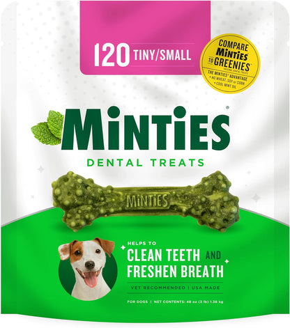 Minties Dental Chews for Dogs, 120 Count, Vet-Recommended Mint-Flavored Dental Treats for Tiny/Small Dogs 5-24 Lbs, Dental Bones Clean Teeth, Fight Bad Breath, and Removes Plaque and Tartar