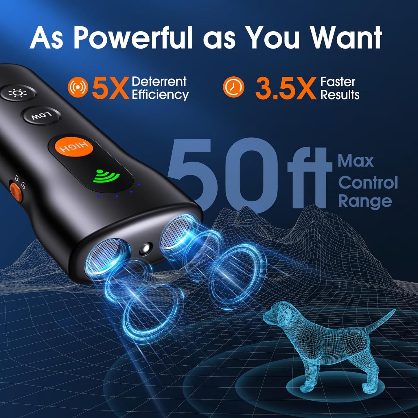 Dog Bark Deterrent Devices 3 in 1,Anti Barking Device for Dogs Dual Sensor,Rechargeable Ultrasonic Dog Bark Deterrent 50FT with High Low Mode,Portable Training Devices Safe for Indoor Outdoor (Black)