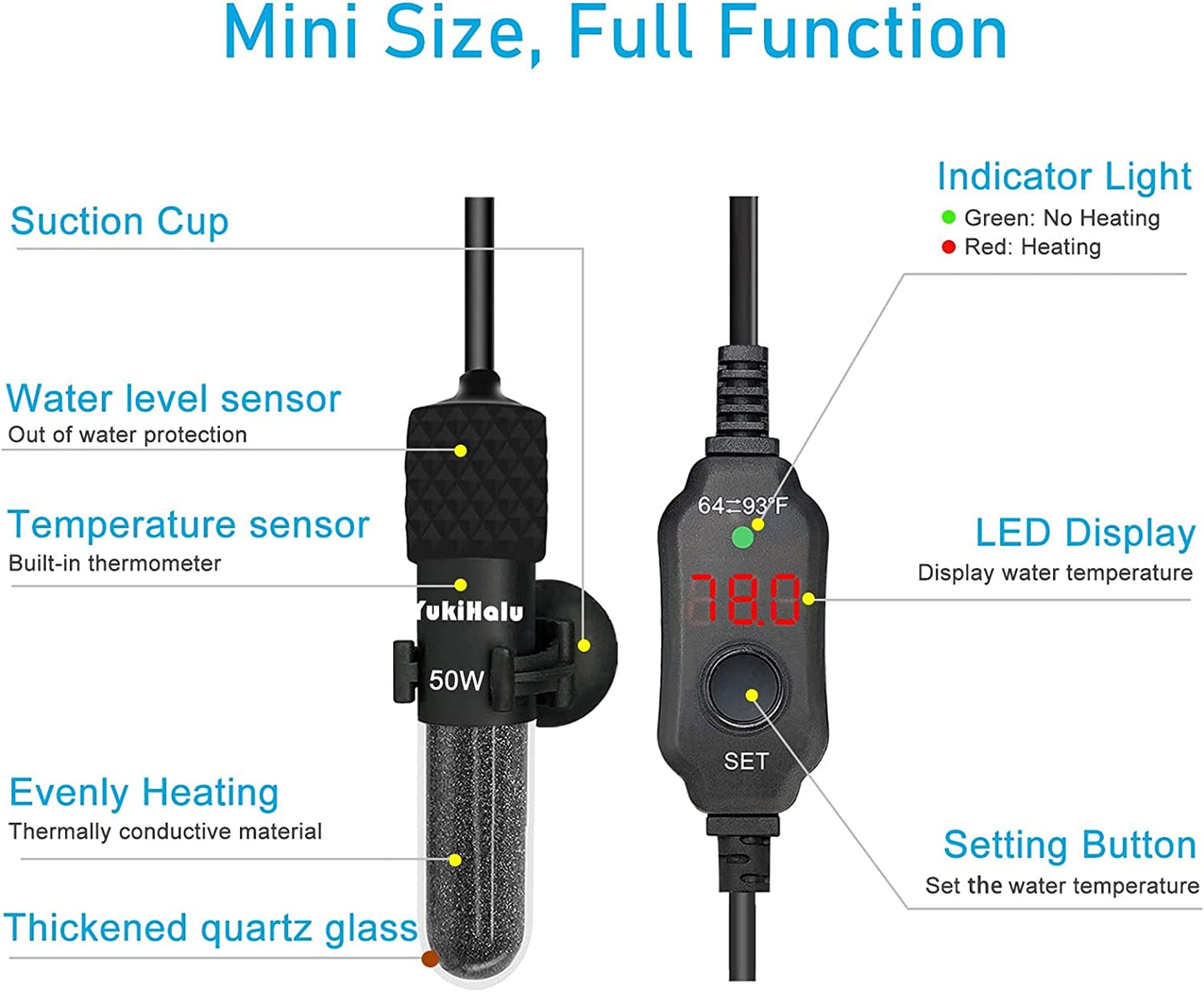 YukiHalu Small Submersible Aquarium Heater, Adjustable Mini Fish Tank Heater 25W 50W 100W 200W 300W with External Temperature Controller, LED Display, Used for 5/10/20/40/60 Gallons (25 Watts)