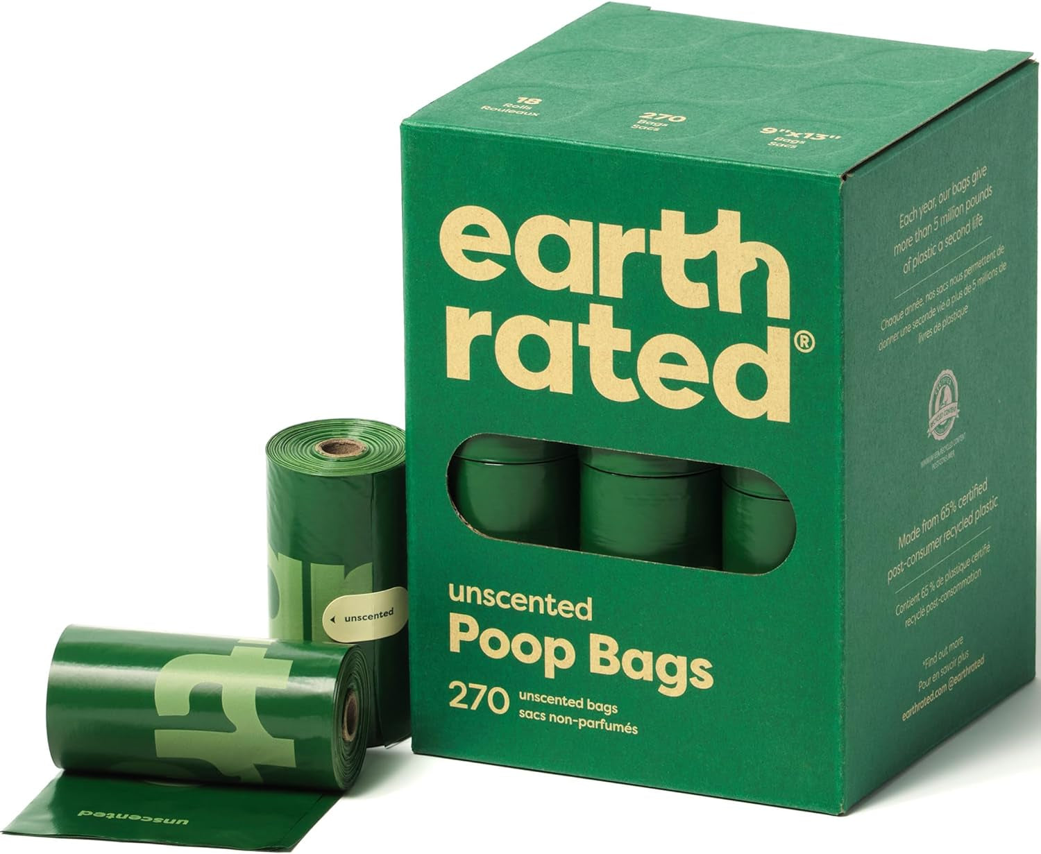 Earth Rated Dog Poop Bags, Guaranteed Leak Proof and Extra Thick Waste Bag Refill Rolls for Dogs, Unscented, 270 Count