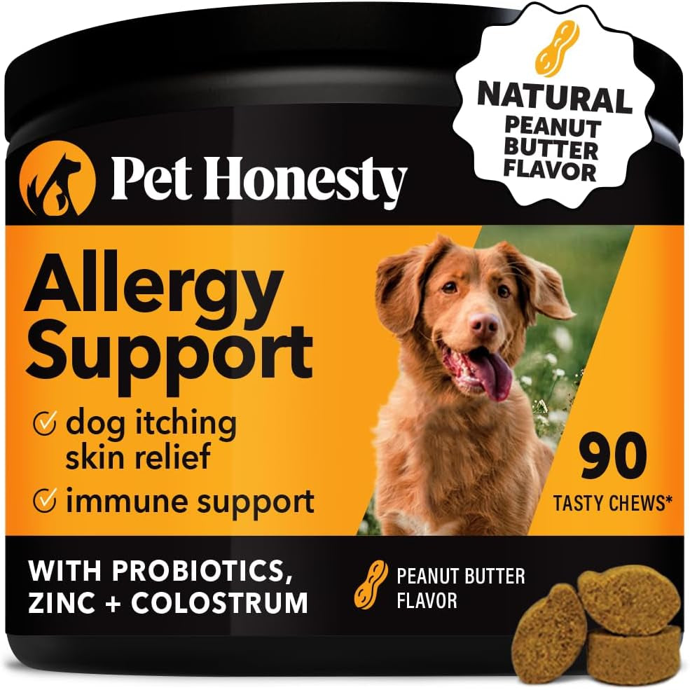 Pet Honesty Allergy Itch Relief for Dogs - Dog Allergy Support Immunity Supplement - Dog Allergy Chews, Probiotics for Dogs, Seasonal Allergies, Skin and Coat Supplement - Peanut Butter (90Ct)